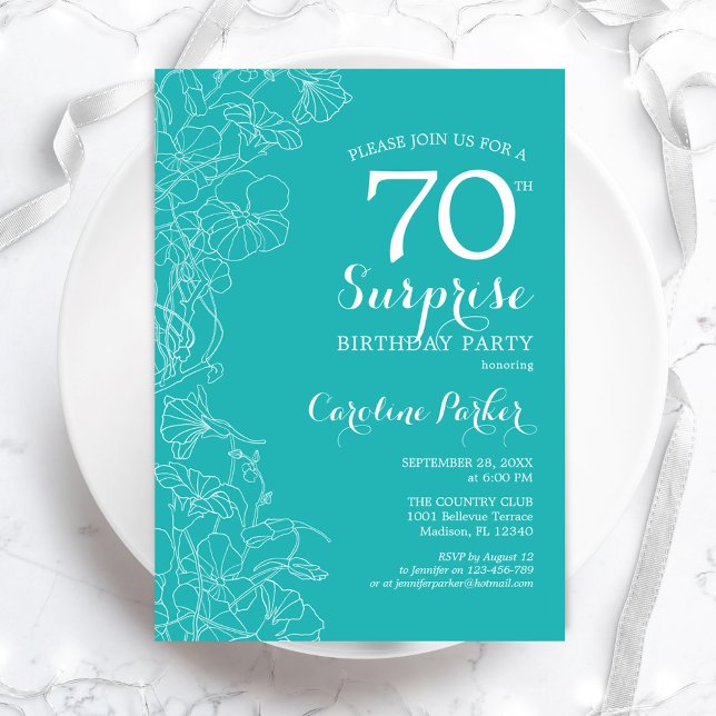 Invitación Surprise 70th Birthday Party - Turquoise Floral (Subido por el creador)