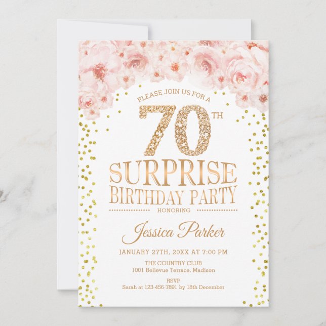 Invitación Surprise 70th Birthday Party - White Gold Pink (Anverso)