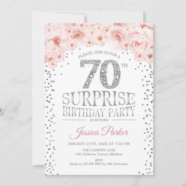 Invitación Surprise 70th Birthday Party - White Silver Pink (Anverso)