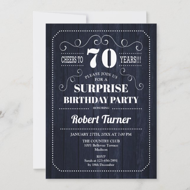 Invitación Surprise 70th Birthday - Patrón de Madera Naval (Anverso)