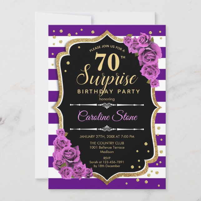 Invitación Surprise 70th Birthday - Purple Gold (Anverso)