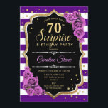 Invitación Surprise 70th Birthday - Purple Gold<br><div class="desc">Sorpresa Invitación a los 70 Años. Diseño de oro negro púrpura femenino con oro falso purpurina. Cuenta con rayas,  rosas púrpura,  fuente de guiones y confeti. Perfecto para una elegante fiesta de cumpleaños. Se puede personalizar para mostrar cualquier edad. Mándame un mensaje si necesitas más personalización.</div>
