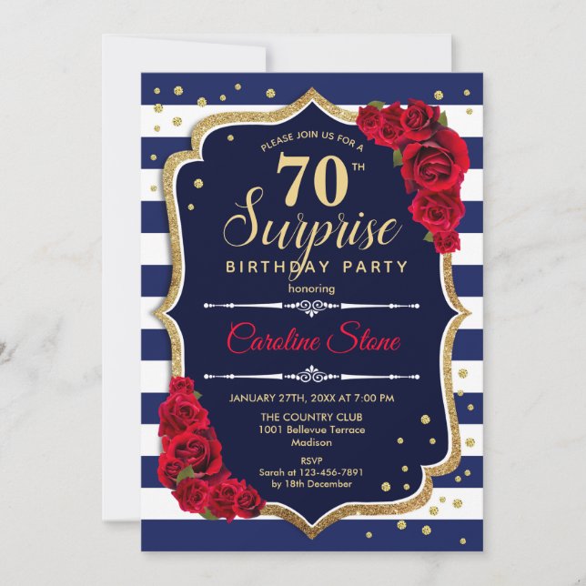 Invitación Surprise 70th Birthday - Rojo Blanco de la Marina (Anverso)