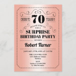 Invitación Surprise 70th Birthday - Rosa Gold Black<br><div class="desc">Sorpresa Invitación a los 70 Años. Diseño retro en falso rosa de Relieve metalizado dorado y negro. ¡Salud a 70 años! También se puede personalizar en cualquier año.</div>