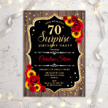 Invitación Surprise 70th Birthday - Rústicos Sunflowers<br><div class="desc">Sorpresa Invitación a los 70 Años. Diseño femenino rústico, blanco, rojo y negro con el oro falso purpurina. Presenta un patrón de madera, rosas rojas, girasoles, fuente de escritura y confeti. Perfecto para una elegante fiesta de cumpleaños. Se puede personalizar para mostrar cualquier edad. Mándame un mensaje si necesitas más...</div>