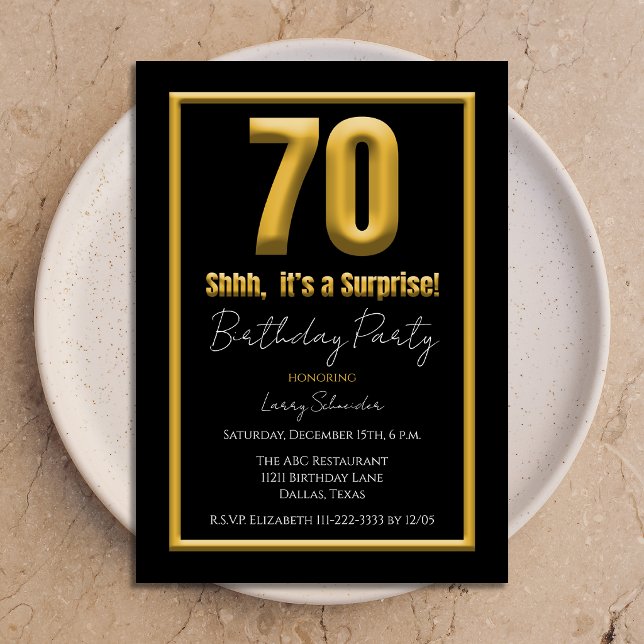 Invitación Surprise 70th Bold 70 Black and Gold Birthday (Subido por el creador)