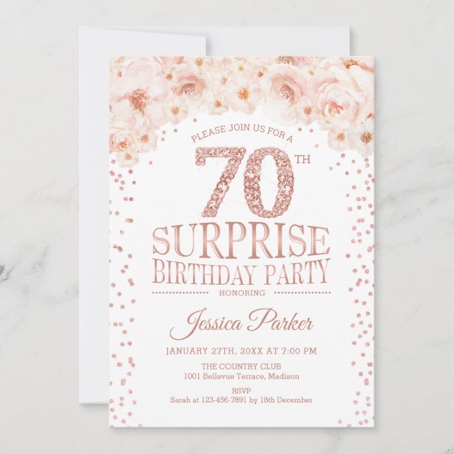 Invitación Surprise 70th Cumpleaños Party - White Rose Gold (Anverso)
