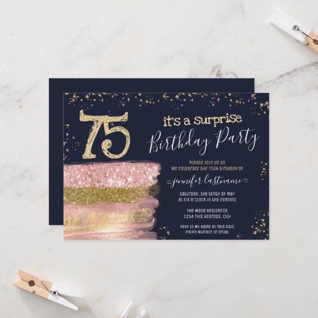 Invitación Surprise 75th Birthday Party Purpurina Cake (Anverso/Reverso In Situ)