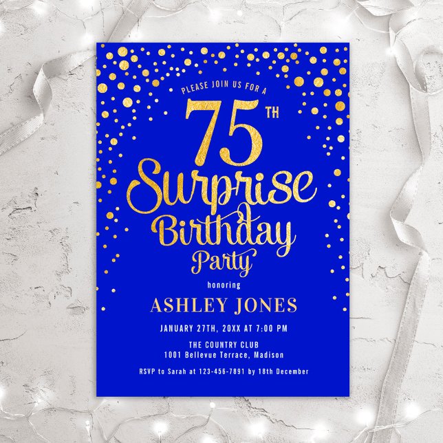 Invitación Surprise 75th Birthday Party - Royal Blue & Gold (Subido por el creador)