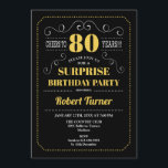 Invitación Surprise 80th Birthday - Black Gold<br><div class="desc">Sorpresa Invitación a los 80 Años. Elegante diseño de pizarra retro en blanco,  negro y amarillo dorado. ¡Saludos a 80 años! ¡Se puede personalizar para mostrar cualquier edad!</div>