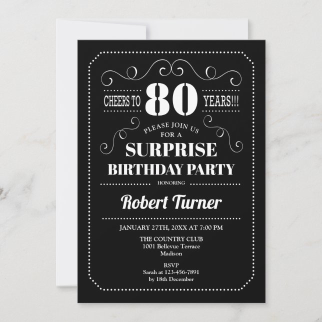 Invitación Surprise 80th Birthday - Blanco Negro (Anverso)