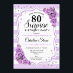Invitación Surprise 80th Birthday - Blanco Púrpura<br><div class="desc">Sorpresa Invitación a los 80 Años. Diseño lilaco de lavanda blanca. Presenta rayas,  rosas púrpura pastel,  fuente de escritura y confeti. Perfecto para una elegante fiesta de cumpleaños. Se puede personalizar para mostrar cualquier edad. Mándame un mensaje si necesitas más personalización.</div>
