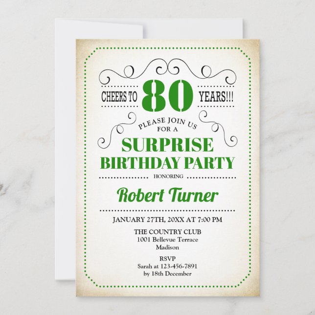 Invitación Surprise 80th Birthday - Blanco Verde Negro (Anverso)