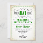 Invitación Surprise 80th Birthday - Blanco Verde Negro<br><div class="desc">Sorpresa 80.ª Invitación de cumpleaños para hombres y mujeres. Diseño retro en verde,  blanco con fondo crema vintage. Presenta una tipografía elegante. ¡Saludos a 80 años! También se puede personalizar en cualquier año. Perfecto para una elegante celebración del día de los hitos para adultos.</div>