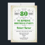 Invitación Surprise 80th Birthday - Blanco Verde Negro<br><div class="desc">Sorpresa 80.ª Invitación de cumpleaños para hombres y mujeres. Diseño retro en verde,  blanco con fondo crema vintage. Presenta una tipografía elegante. ¡Saludos a 80 años! También se puede personalizar en cualquier año. Perfecto para una elegante celebración del día de los hitos para adultos.</div>
