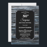 Invitación Surprise 80th Birthday Dinner Wood Fiesta<br><div class="desc">Una rústica invitación a cenar en madera de granero azul y gris con bordes plateados sorprende por los 80 años,  con el texto blanco resaltado en un fondo negro.</div>