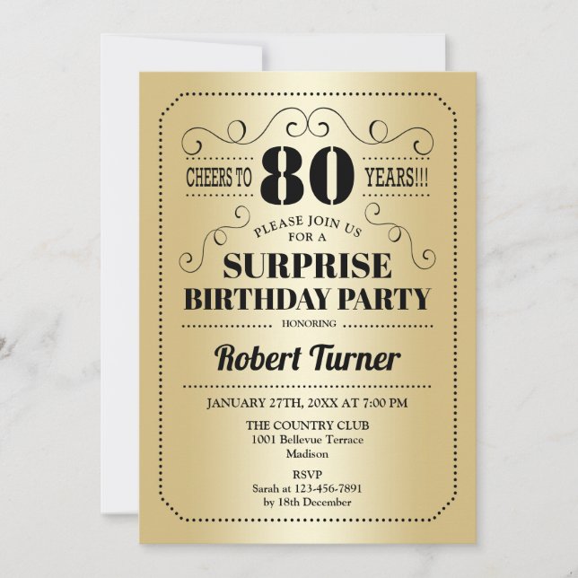 Invitación Surprise 80th Birthday - Gold Black (Anverso)