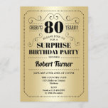 Invitación Surprise 80th Birthday - Gold Black<br><div class="desc">Sorpresa Invitación a los 80 Años. Diseño retro en Relieve metalizado falso dorado y negro. ¡Saludos a 80 años! También se puede personalizar en cualquier año.</div>