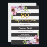 Invitación Surprise 80th Birthday Invitation Mujeres Floral<br><div class="desc">Sorpresa 80.ª Invitación de cumpleaños para mujeres. Invitación a la fiesta de cumpleaños de oro y negro. Brillantina dorada. Flor Floral color morado. Rayas blancas y negras. Digital Imprimible. Para una mayor personalización,  haga clic en el botón "Personalizar" y utilice nuestra herramienta de diseño para modificar esta plantilla.</div>