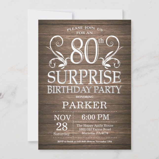 Invitación Surprise 80th Birthday Invitation Rustic Wood (Anverso)