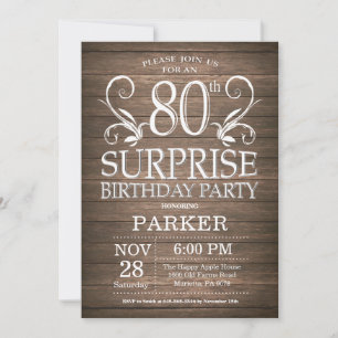 Invitación Surprise 80th Birthday Invitation Rustic Wood