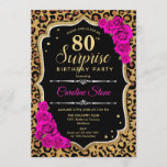 Invitación Surprise 80th Birthday - Leopard Black Gold Pink<br><div class="desc">Sorpresa Invitación a los 80 Años. Diseño negro femenino, rosa caliente y oro falso purpurina. Presenta un patrón de cheetah de leopardo animal, rosas de fuchsia, tipo de letra de guión y confeti. Perfecto para una elegante fiesta de cumpleaños. Se puede personalizar para mostrar cualquier edad. Mándame un mensaje si...</div>