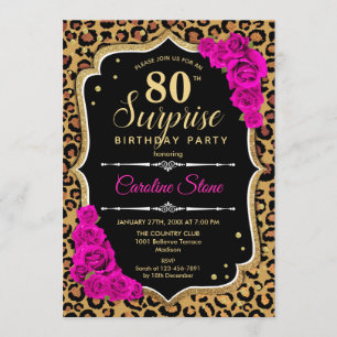 Invitación Surprise 80th Birthday - Leopard Black Gold Pink