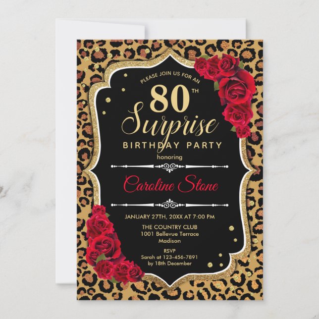 Invitación Surprise 80th Birthday - Leopard Black Gold Red (Anverso)
