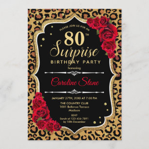 Invitación Surprise 80th Birthday - Leopard Black Gold Red