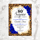 Invitación Surprise 80th Birthday - Leopard Gold Royal Blue<br><div class="desc">Sorpresa Invitación a los 80 Años. Diseño blanco, azul real y femenino, con oro falso purpurina. Presenta un patrón de cheetah de leopardo animal, rosas azules de zafiro, fuente de guión y confeti. Perfecto para una elegante fiesta de cumpleaños. Se puede personalizar para mostrar cualquier edad. Mándame un mensaje si...</div>