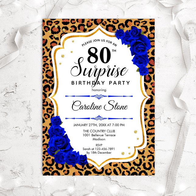 Invitación Surprise 80th Birthday - Leopard Gold Royal Blue (Subido por el creador)