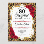 Invitación Surprise 80th Birthday - Leopard Gold White Red<br><div class="desc">Sorpresa Invitación a los 80 Años. Diseño rojo feminista,  blanco con oro falso purpurina. Presenta un patrón de cheetah de leopardo animal,  rosas rojas,  tipografía de guión y confeti. Perfecto para una elegante fiesta de cumpleaños. Se puede personalizar para mostrar cualquier edad. Mándame un mensaje si necesitas más personalización.</div>