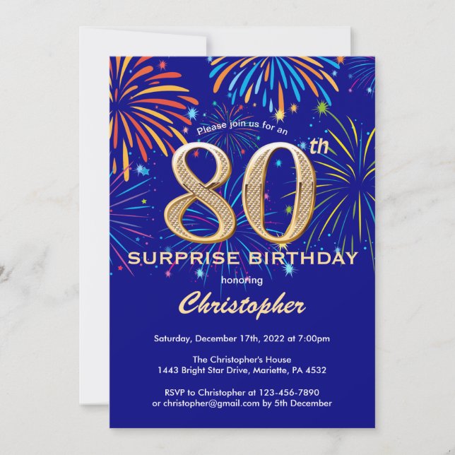 Invitación Surprise 80th Birthday Navy Blue & Gold Firework (Anverso)