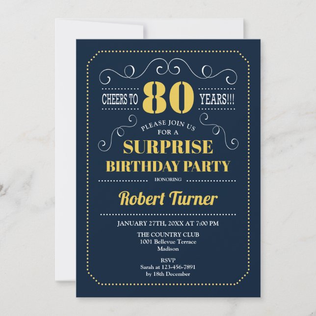 Invitación Surprise 80th Birthday - Oro Azul de Marina (Anverso)