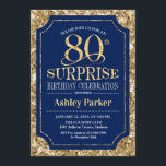 Invitación Surprise 80th Birthday Party<br><div class="desc">Invitación a la celebración de cumpleaños número 80 de sorpresa. Elegante diseño elegante en tonos azul marino y purpurina. Presenta una fuente de script elegante. Mándame un mensaje si necesitas más personalización.</div>