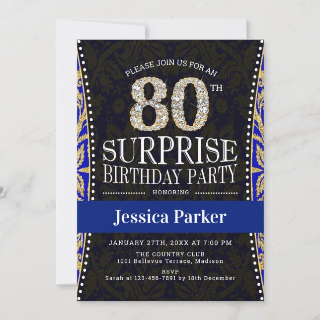 Invitación Surprise 80th Birthday Party - Azul de la Marina d (Anverso)