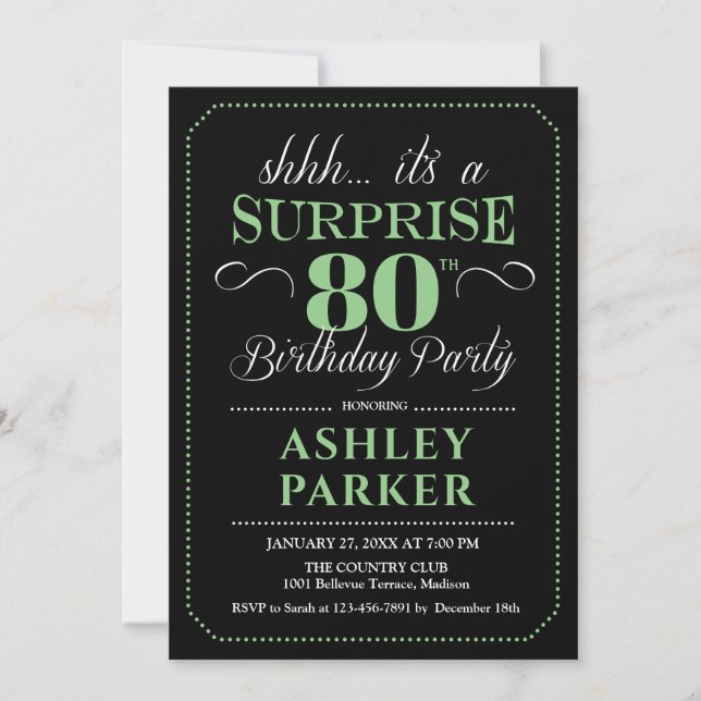 Invitación Surprise 80th Birthday Party - Black Green (Anverso)