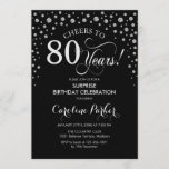 Invitación Surprise 80th Birthday Party - Black Silver<br><div class="desc">Sorpresa 80.ª Invitación a la fiesta de cumpleaños. Elegante diseño en negro y falso purpurina plateado. Presenta el tipo de letra de guión y los diamantes confetti. ¡Saludos a 80 años! Mándame un mensaje si necesitas más personalización.</div>