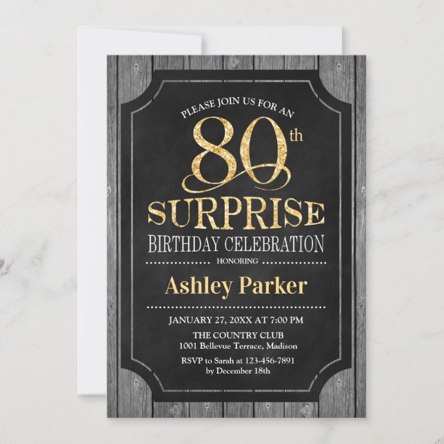 Invitación Surprise 80th Birthday Party - Chalkboard Gold (Anverso)