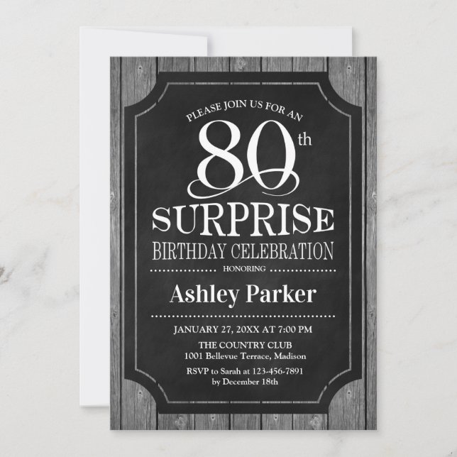 Invitación Surprise 80th Birthday Party - Chalkboard White (Anverso)