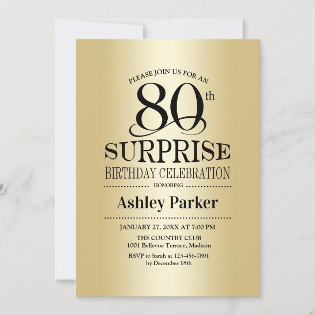 Invitación Surprise 80th Birthday Party - Gold (Anverso)