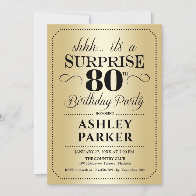 Invitación Surprise 80th Birthday Party - Gold (Anverso)