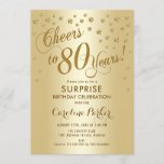 Invitación Surprise 80th Birthday Party - Gold<br><div class="desc">Sorpresa 80th Birthday Party Invitation Elegante diseño con falso oro purpurina. Presenta el tipo de letra del guión y el perfil. ¡Saludos a 80 años! Mándame un mensaje si necesitas una edad personalizado.</div>