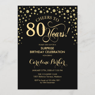 Invitación Surprise 80th Birthday Party - Gold Black