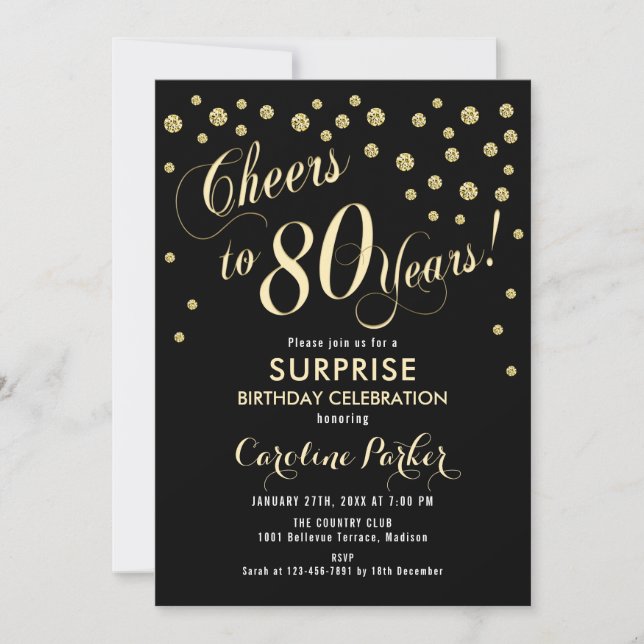 Invitación Surprise 80th Birthday Party - Gold Black (Anverso)