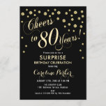 Invitación Surprise 80th Birthday Party - Gold Black<br><div class="desc">Sorpresa 80th Birthday Party Invitation Elegante diseño con falso oro purpurina y negro. Presenta el tipo de letra del guión y el perfil. ¡Saludos a 80 años! Mándame un mensaje si necesitas una edad personalizado.</div>