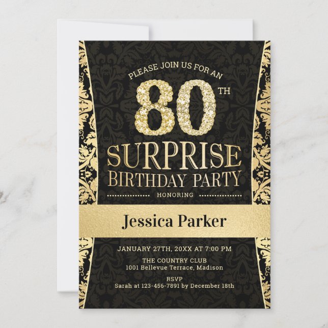 Invitación Surprise 80th Birthday Party - Gold Black (Anverso)
