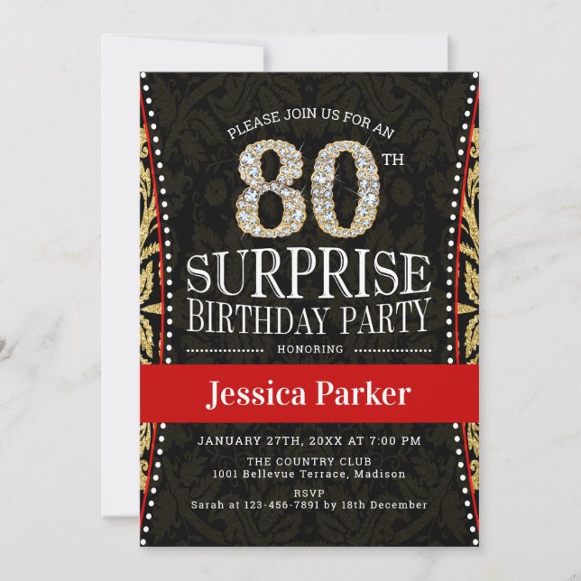 Invitación Surprise 80th Birthday Party - Gold Black Red (Anverso)