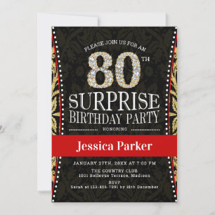 Invitación Surprise 80th Birthday Party - Gold Black Red