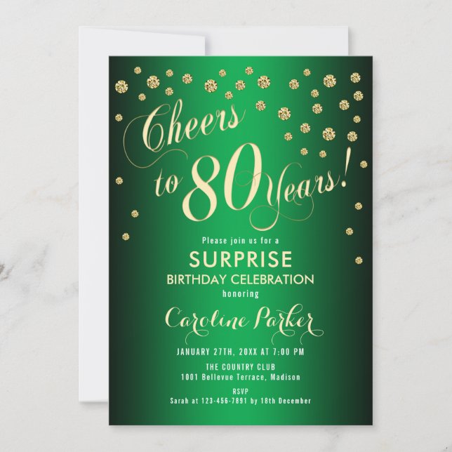 Invitación Surprise 80th Birthday Party - Gold Green (Anverso)